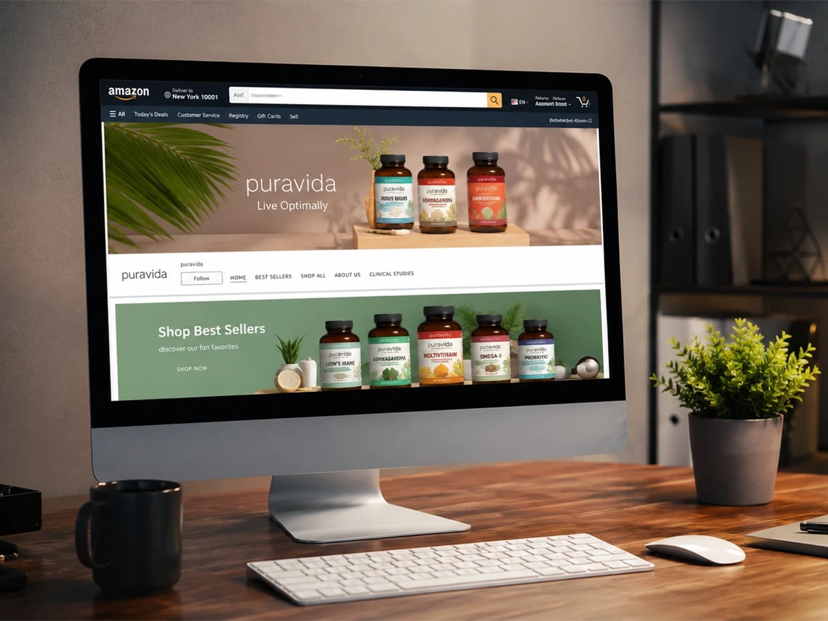 Amazon Storefront design displayed on a desktop monitor